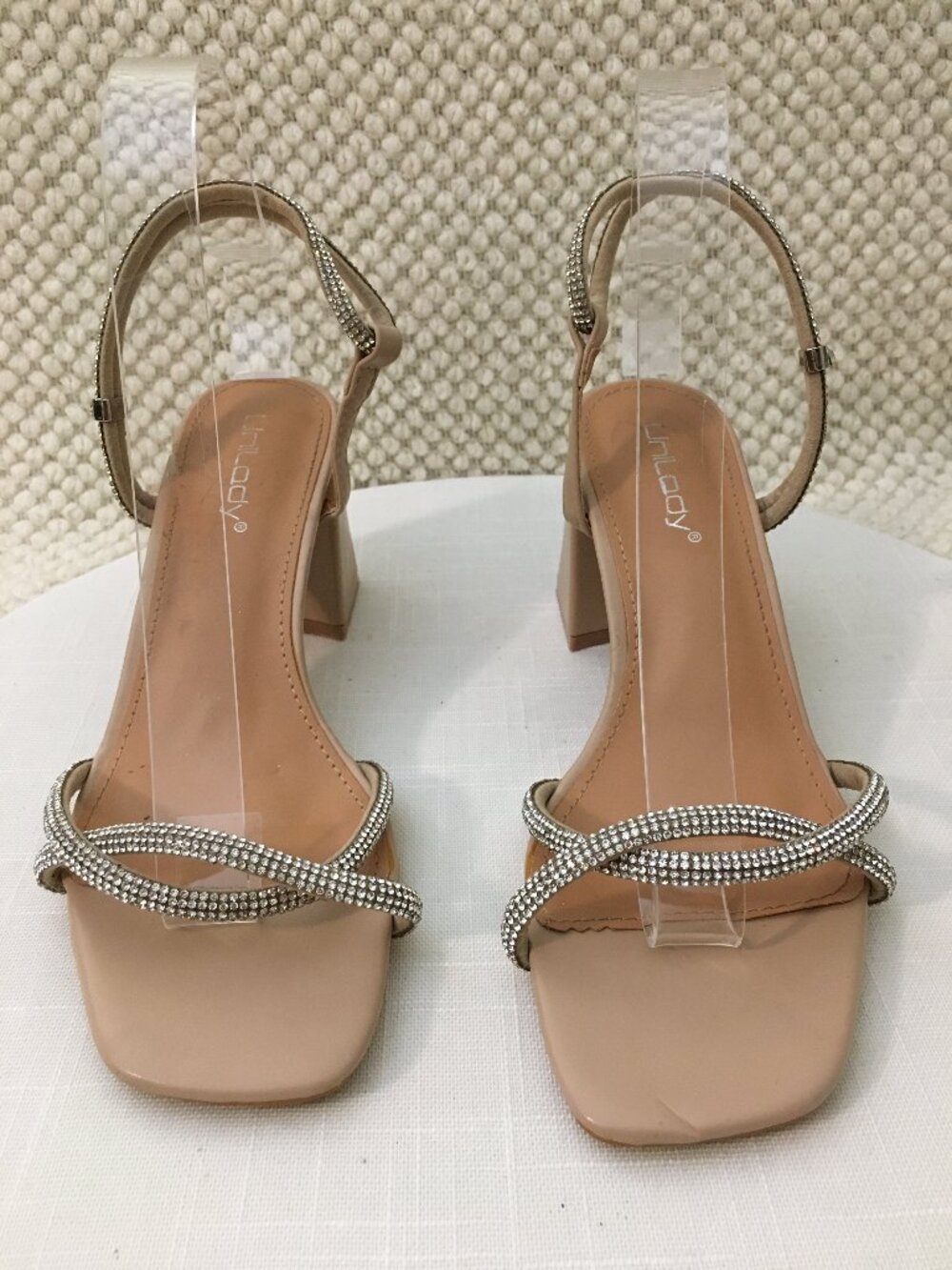 Unilady Nude Sandals Block Heel Rhinestones Resort Vacation 6US Strappy Trendy